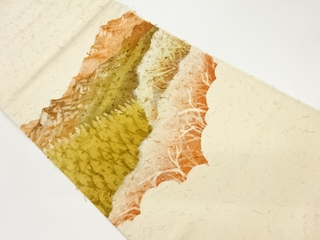 ひげ紬山並みに木々風景模様開き名古屋帯（額縁仕立て）